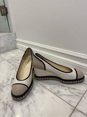CHANEL Beige and Black Canvas Espadrille Wedge Shoes